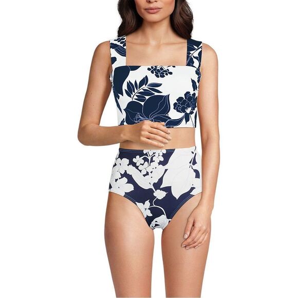 Land's End Plus Standard square neck soft cup tankini white navy lilies Various - Picture 3 of 6